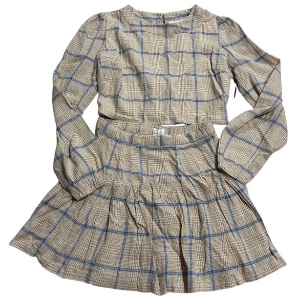 NWT Joie 2 Pc Set Cropped Long Sleeve Top Pleated Skirt Plaid Womens Medium Tan - Picture 1 of 16